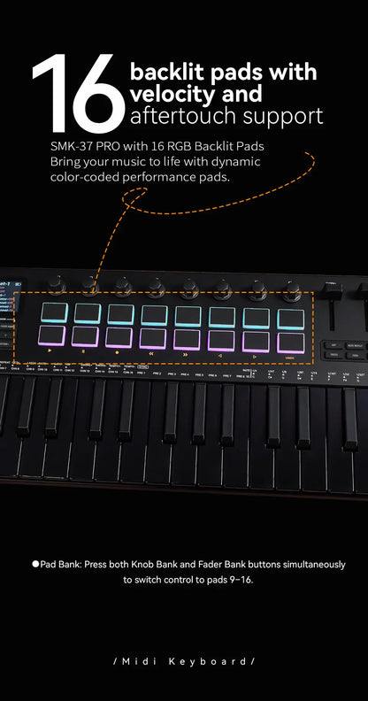 Clavier MIDI M-VAVE All Black PRO 37 touches, 16 tampons RGB, 4 faders, 8 encodeurs, moteur de synthétiseur FM DX-7 intégré, 5 couleurs en option