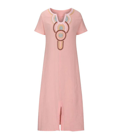 Embroidered Fashion O-Neck Short Sleeve Women Dresses Summer New Casual Unique Slit Dress Elegant Female Vacation Dress Robe