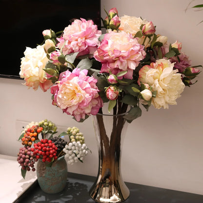 Grand Bouquet de pivoines blanches haut de gamme, fleurs artificielles pour décoration de mariage, de maison, fausses fleurs pour le nouvel an, décorations d'automne