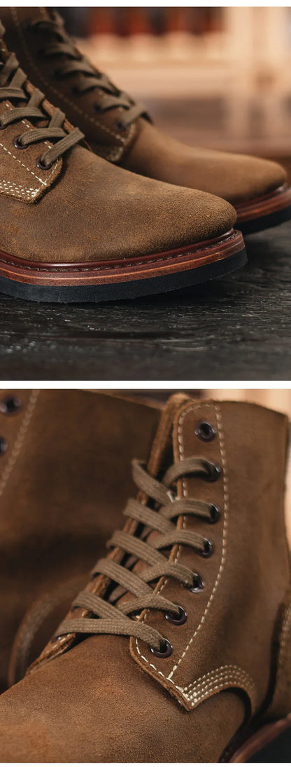 Bottes de Moto rétro en cuir de vache, montantes, durables, soudées Goodyear, chaussures de marche résistantes à l'usure pour hommes