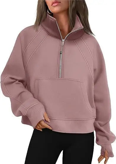 Sweat-shirt à col montant pour femme, sweat à capuche pour document solide, manches longues, poche adt, demi-fermeture éclair, pull sportif, haut streetwear, printemps, automne