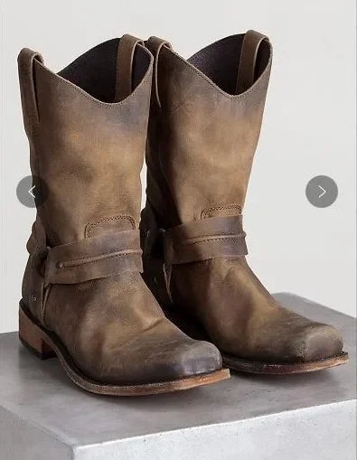 Retro Cowboy Boots Women Men Mid Calf Outdoor Boots Vintage PU Slip on Shoes Winter Gladiator Booties Unisex Brown Long Boots