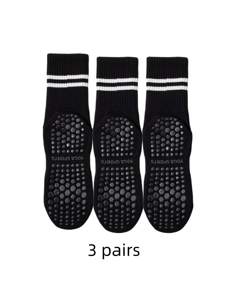 3 paires de chaussettes de yoga, longueur moyenne, en pur coton antidérapant avec silicone pour fitness et Pilates en intérieur, chaussettes de sport en gros pour femmes.