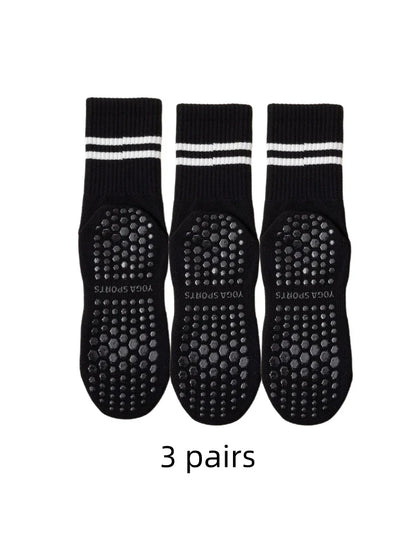 3 paires de chaussettes de yoga, longueur moyenne, en pur coton antidérapant avec silicone pour fitness et Pilates en intérieur, chaussettes de sport en gros pour femmes.