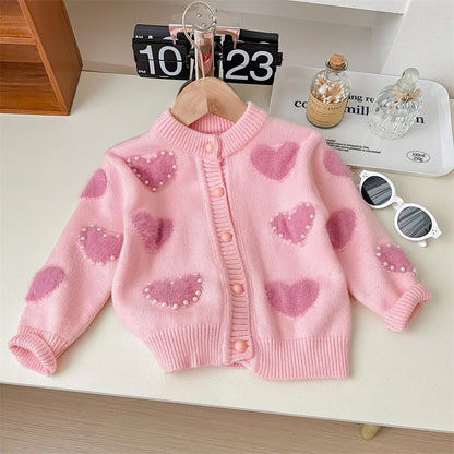 Children's Pink Heart Pearl Color Matching Knitted Cute Casual Sweater Cardigan Girl Spring and Autumn Jacket