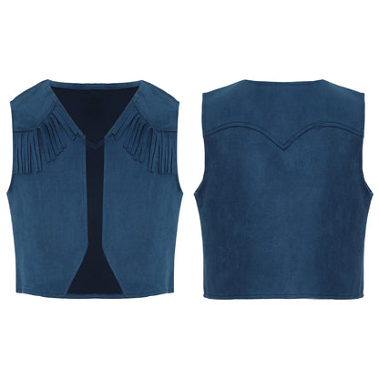Gilet de Cowboy occidental pour enfants, garçons et filles, Costume de Cosplay d'halloween, pompon en daim, manteau ouvert sur le devant, hauts