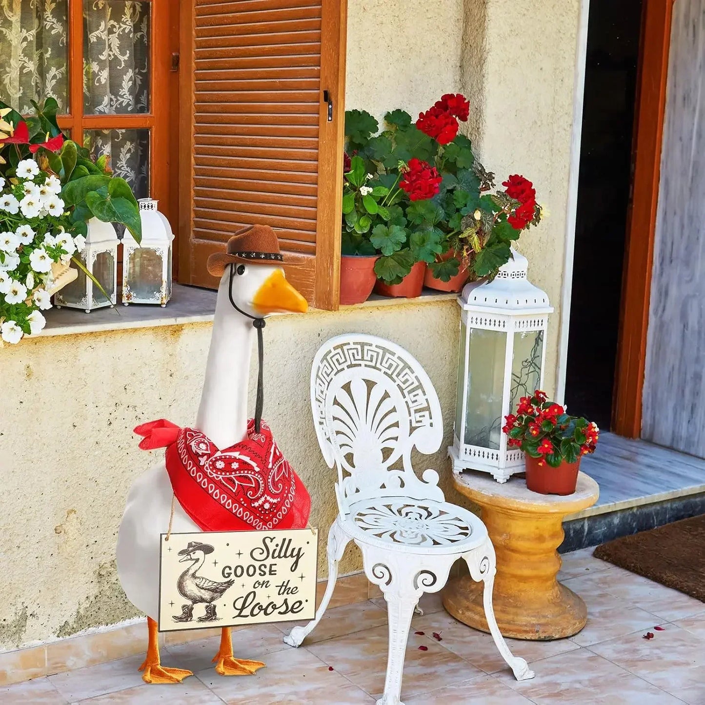 The Loose Hangings Sign Cowboy Goose Outfit with Cowboy Hat and Red Bandana for 23" Cement/Plastic Goose Outdoor Statue Patio