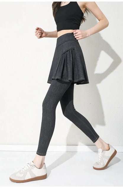 Women Cowboy Yoga Shark Skirts Pants Fake Two Piece Set Phone Pocket Sport Gym Running Leggings Tennis Outdoor Cycling Pants