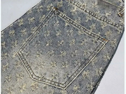 American Street Luxury Quality Retro Y2K Cowboy Shorts Summer Hip Hop Ins Mens Shaved Jacquard Couple Cowboy Pentagonal Pants