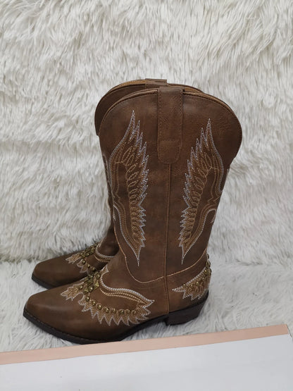 Women's boots genuine leather embroidery knee-length western cowboy boots high heels retro all-match knight fashion boots