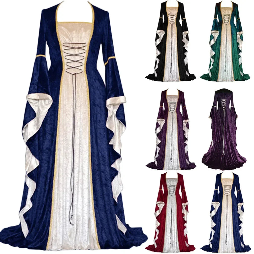 Robe de soirée rétro pour femmes, Costume d'halloween, Robe Noble de cour Cosplay, manches cloche anciennes, Costume de