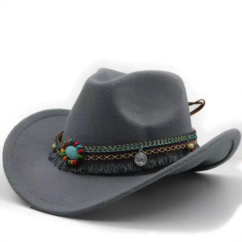 Western Cowboy Wool Hat with Pompom, Montana Sombrero Belt for Men and Women, Cowgirl, Solid Color, Jazz, Stylish Hollow Design for Lady