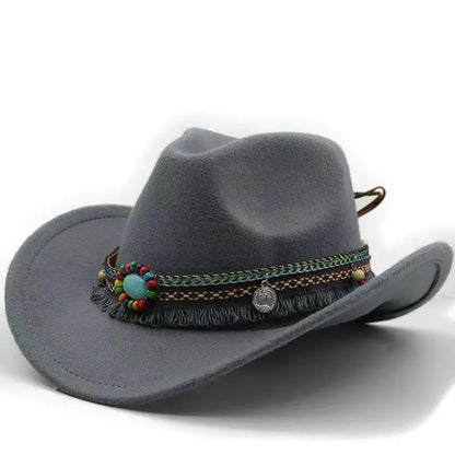 Western Cowboy Wool Hat with Pompom, Montana Sombrero Belt for Men and Women, Cowgirl, Solid Color, Jazz, Stylish Hollow Design for Lady
