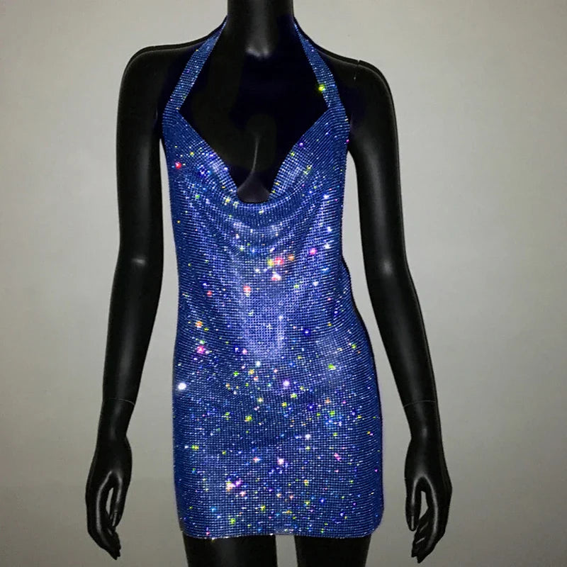 Robe de soirée sexy pour femme Bling Diamante, en cristal et strass, dos nu, pour festival, cocktail, soirée, rave.