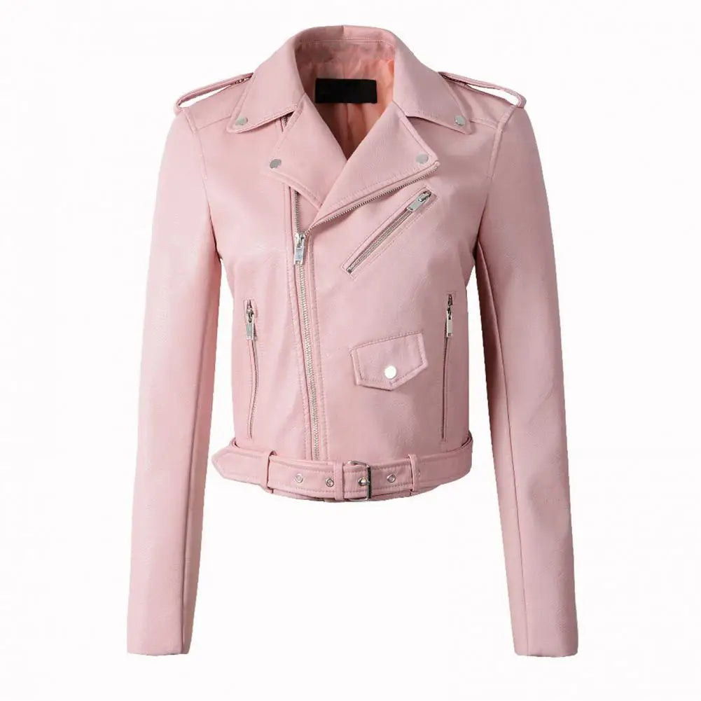 Women Faux Leather Jacket Turn-down Collar Zip-up Zipper Rivet Decor Motorcycle Coat Long Sleeves Female Outerwear Lady Clothing