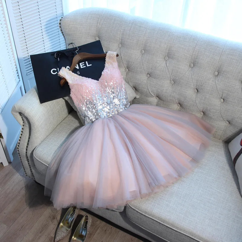F2122 Customized Short Cocktail Party Dress Girl Graduation Robe 2025 Sweet Memory Colorful Sequined Mesh Tulle Prom Dresses