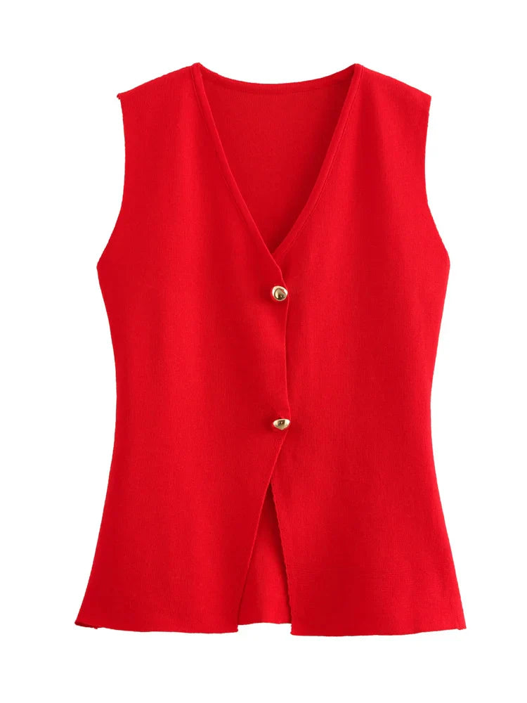 Zevity New Women Fashion V Neck Sleeveless Golden Buttons Knitted Vest Sweater Female Chic Solid Color Slim Cardigan Tops LS6273