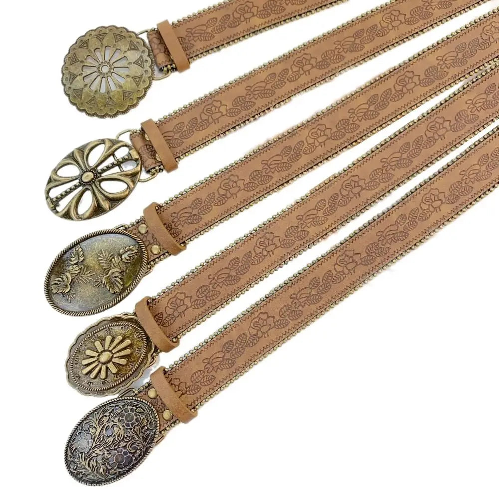 Fashion Adjustable Women Belt Vintage PU Leather Cowboy Belt Engraved-Buckle Boho Western Belt for Jeans Pants Dresses