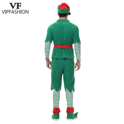 VIP FASHION Men Christmas Elf Costume with Hat Stockings Shoe Covers Belt Fancy Xmas Party Dress Up Outfit Male Festival Clothes