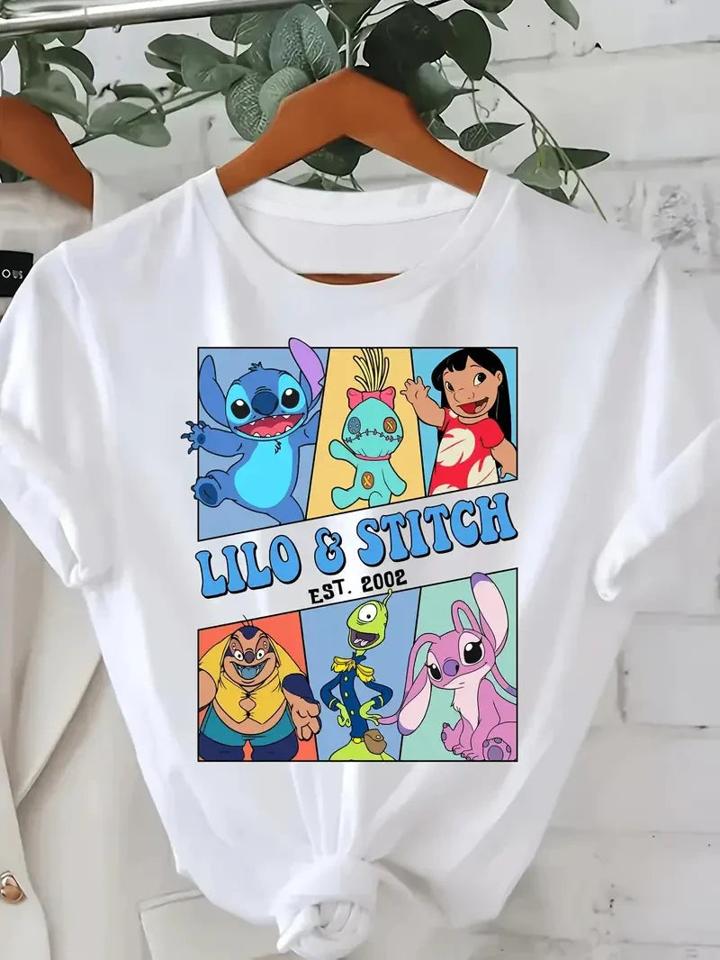 T-shirt en coton imprimé Stitch pour garçons, filles et adultes, haut polyvalent et tendance pour le quotidien en été
