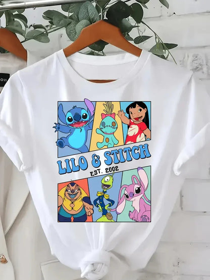 T-shirt en coton imprimé Stitch pour garçons, filles et adultes, haut polyvalent et tendance pour le quotidien en été