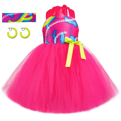 Movie Cowgirl Barbi Costume for Girls Princess Dress Hot Pink Plaid Margot Robbie Tutu Dress Kids Birthday Party Tulle Dresses