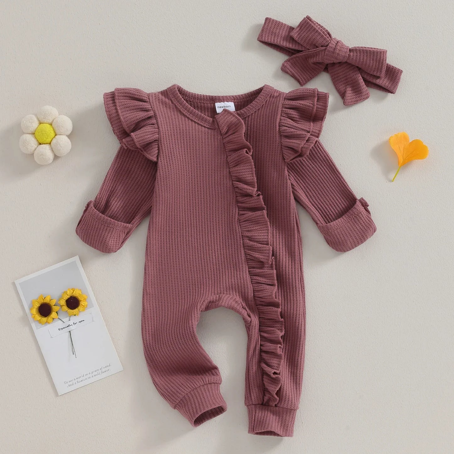 FOCUSNORM 0-12M Autumn Infant Baby Girls Boys Jumpsuit 2pcs Solid Color Round Neck Ruffles Long Flying Sleeve Zipper Jumpsuits