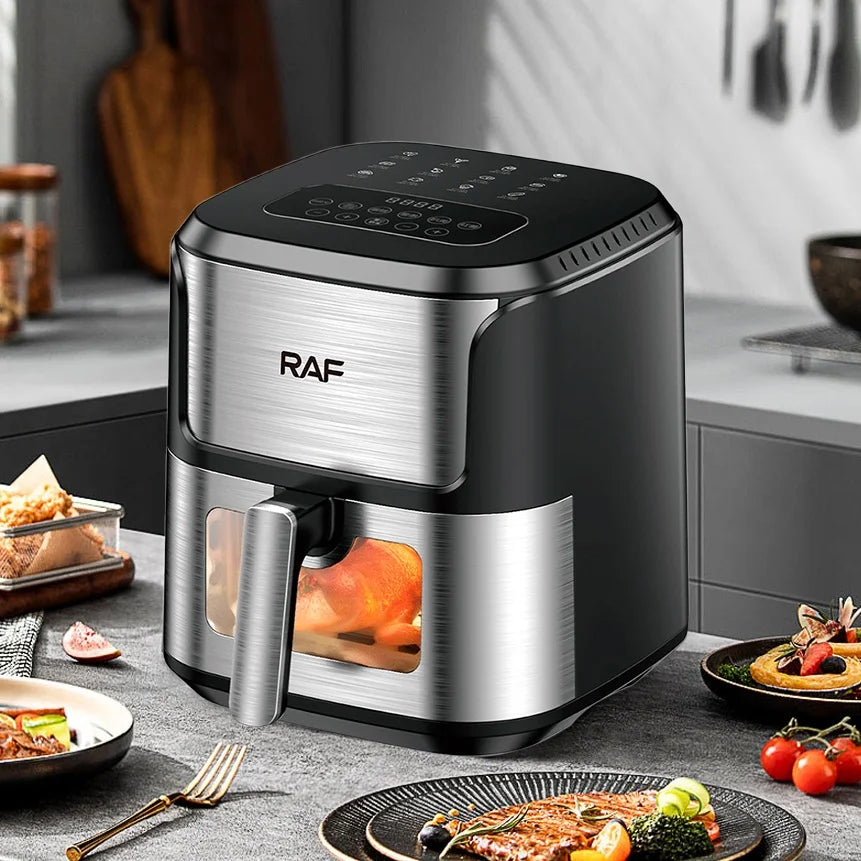 Friteuse à air chaud 5L, four électrique avec commandes tactiles, panier antiadhésif et hublot, idéal pour la cuisine et la famille.