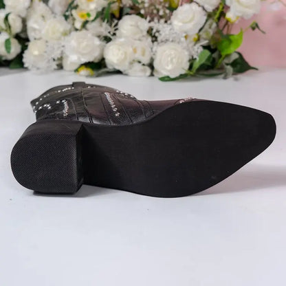 Retro Rivet Mid Calf Cowboy Boots for Women 2024 Autumn  Chunky Heels Western Boots Woman Slip on Pointed Toe Cowgirl Boras