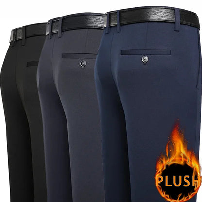2024 Autumn Winter Men's Thick Warm Fleece Pants Plush Smart Casual Suit Pants Loose Straight Navy Blue Black Pants Trousers