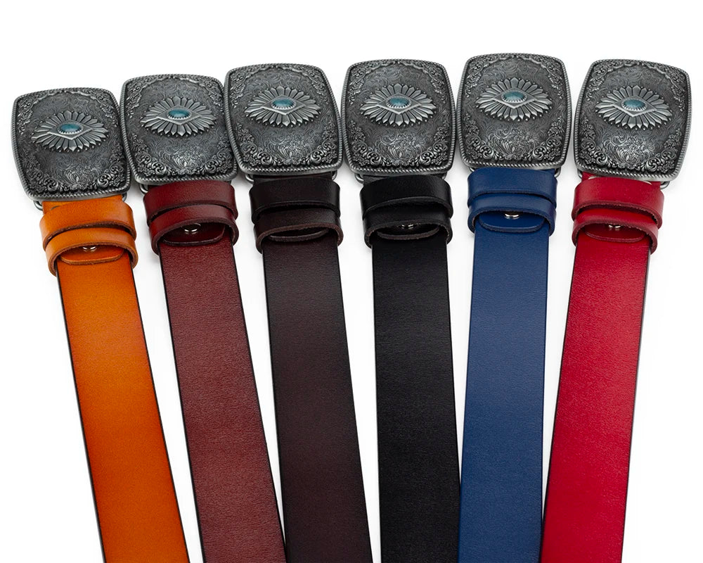 Ceinture classique en cuir véritable avec boucle émail saphir et motif floral sculpté en argent pour femmes et hommes, cadeau