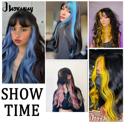 Extensions de cheveux bouclés de 22 pouces, postiche de couleur, mèche de cheveux arc-en-ciel à clipser, mèche de cheveux synthétiques bleus à clipser