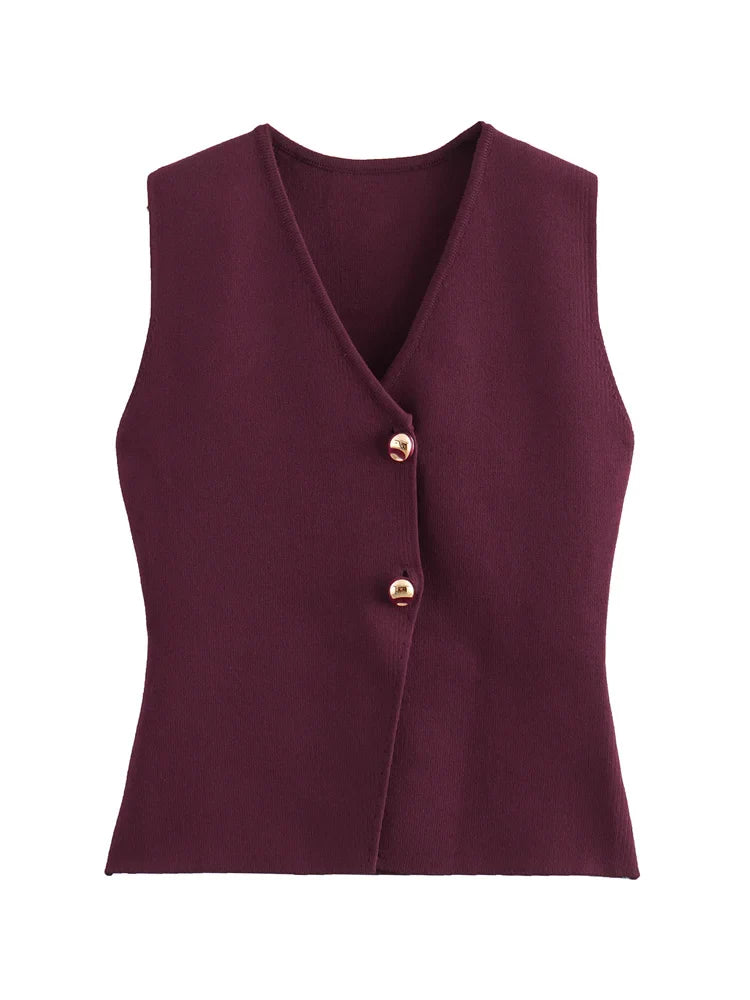 Zevity New Women Fashion V Neck Sleeveless Golden Buttons Knitted Vest Sweater Female Chic Solid Color Slim Cardigan Tops LS6273