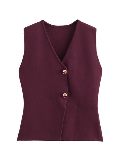 Zevity New Women Fashion V Neck Sleeveless Golden Buttons Knitted Vest Sweater Female Chic Solid Color Slim Cardigan Tops LS6273