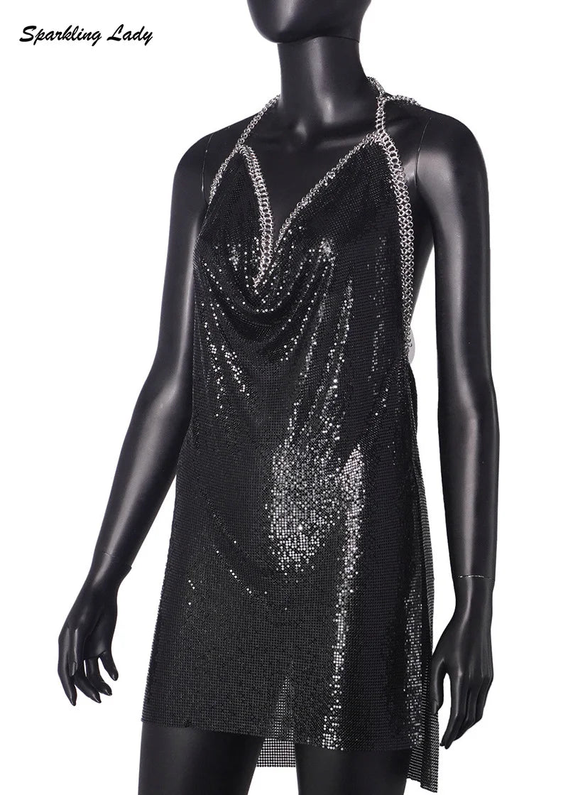 Sexy Hot Pink Glitter Sequin Party Dresses Bling Aluminum Chainmail Dress Backless Halter V Neck Side Slit Metal Party Outfit