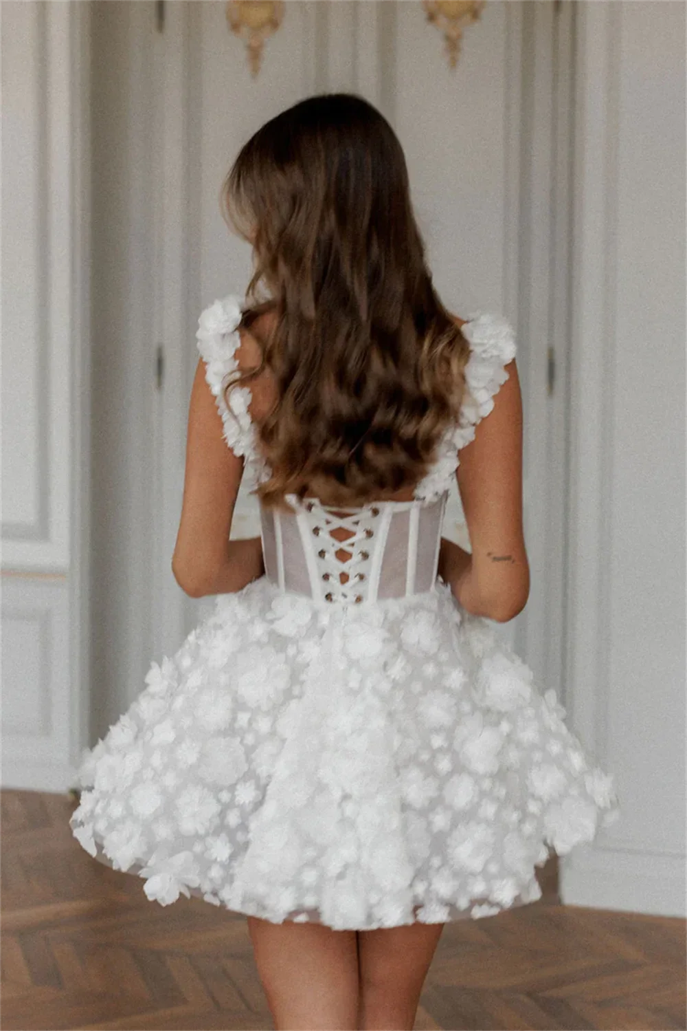 Amanda Custom White Short Evening Dress, Floral Lace, Embroidered, Lace-Up, Spaghetti Straps, Party Wear