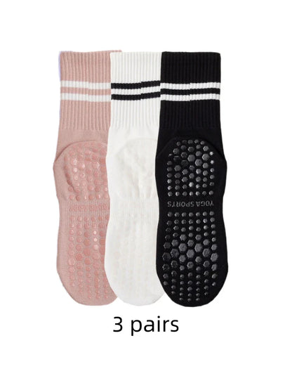 3 paires de chaussettes de yoga, longueur moyenne, en pur coton antidérapant avec silicone pour fitness et Pilates en intérieur, chaussettes de sport en gros pour femmes.