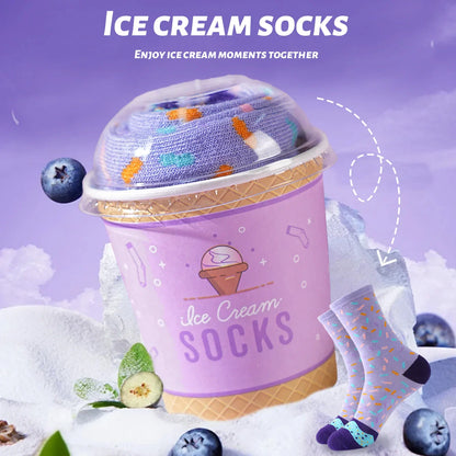 1 Pair of Mid-Calf Socks for Men and Women, Novelty and Fun Blueberry Ice Cream Gift Box, European and American Fashion Style, Comfortable and Breathable, Casual Novelty Gift