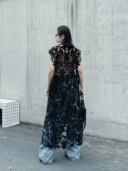 [EWQ] Chic belle Robe européenne à la mode femmes vêtements crochet à motifs découpe Robe sans manches Robe noire 2025 été nouveau