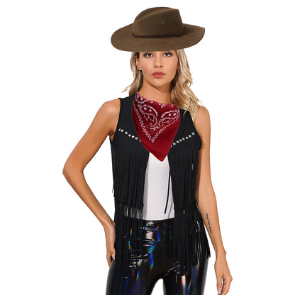 Women Cowboy Vest Halloween Party Western Cowgirl Cosplay Costume Faux Suede Tassel Fashion Rivets Waistcoat with Bandanna Hat