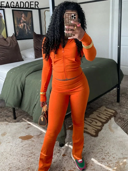 FAGADOER Autumn Winter 2 Piece Sets Women Outfit Casual Zip Pocket Crop Tops+High Waist Leggings Pants Suits Jogger Streetwear