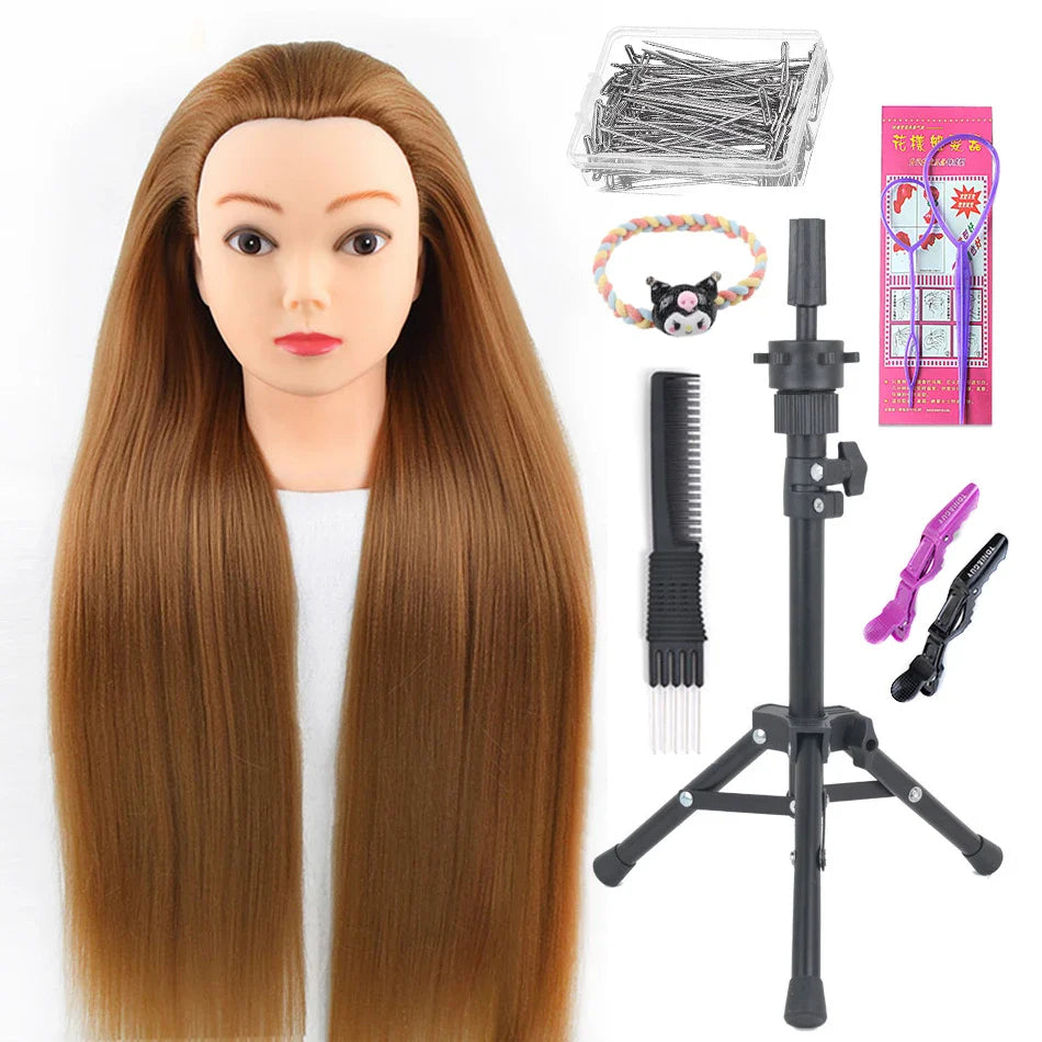 Tête de mannequin à cheveux longs synthétiques avec support de trépied de perruque réglable Modèle avec tête de mannequin Formation de coiffeur coiffant