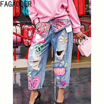 FAGADOER Jean ample à imprimé et couture diamant avec trous pour femme, taille haute, bouton, poche, en denim, pantalon décontracté, streetwear féminin