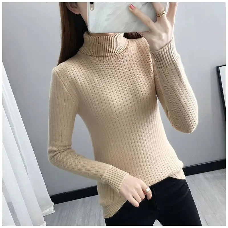 Turtleneck Winter Sweater Women Elegant Thicken Velvet Lined Warm Sueter Fleece Knitted Pullover Slim Top Jersey Knitwear Jumper