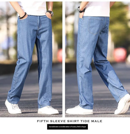 Summer Thin Men's Elastic Cotton Jeans Fashion Blue Comfortable Business Straight Casual Pants Brand Male Clothes Trousers jeans