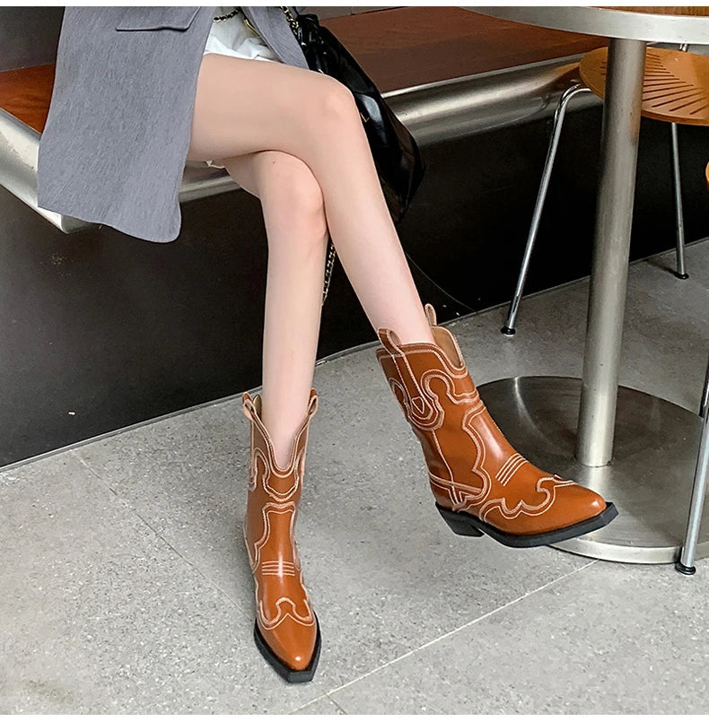 Bottes de cowboy Western Ods pour femmes en cuir véritable brodé, bout pointu, mi-mollet, style rétro, décontractées, de haute qualité