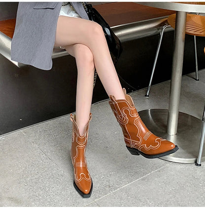 Ods Cowboy Western Boots For Women Real Leather Embroidered Pointed Toe Mid-calf Western Boot Retro Fashion Casual High Quality