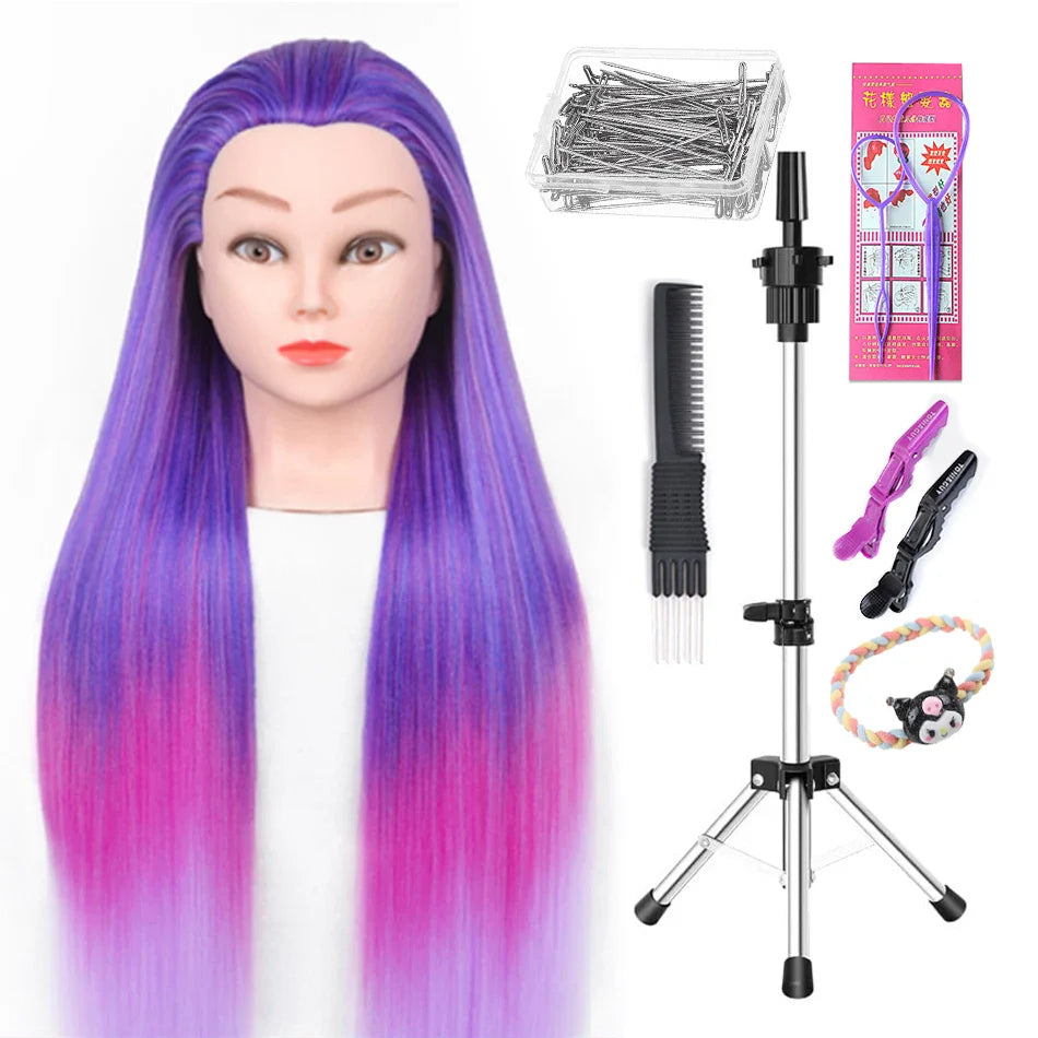 Tête de mannequin à cheveux longs synthétiques avec support de trépied de perruque réglable Modèle avec tête de mannequin Formation de coiffeur coiffant