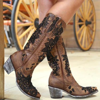 Western Style Women's Pointed Large Embroidered Rose High Heels Vintage Old Women's Boots High Barrel Western Boots