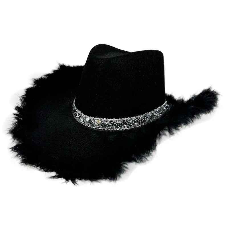 Pink Fur Brim Crown Cowboy Hat For Women'S Wide Brim Cowgirl Hat Bachelorette Party Carnival Western Headwear Cosplays Prop Caps